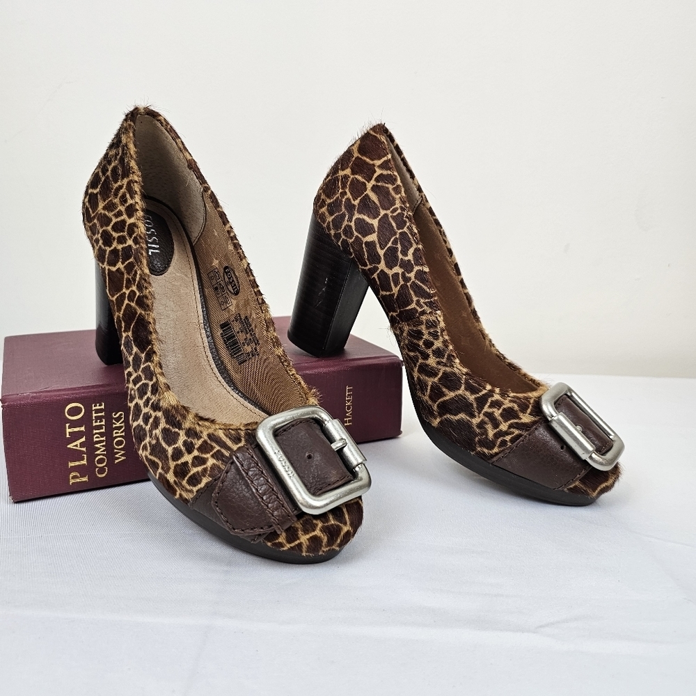 Fossil Chunky Heels Giraffe Print Calf Hair with Accent Pumps Size 7